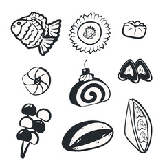 Hand drawn Japanese food stiker set in ink line style. Collection of mochi, taiyaki, dorayaki, and traditional desserts.. Perfect for menu design, restaurant branding and Asian food projects.