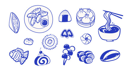Hand drawn Japanese food stiker set in ink line style. Collection of sushi, ramen, onigiri, dumplings and traditional desserts. Perfect for menu design, restaurant branding and Asian food projects.