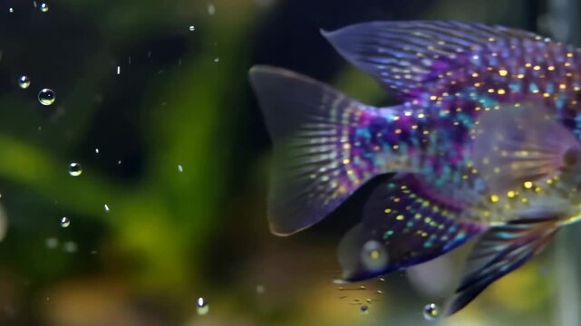 Jewel cichlid hemichromis bimaculatus swimming in freshwater aquarium with bubbles and green plants decorative vibrant fish