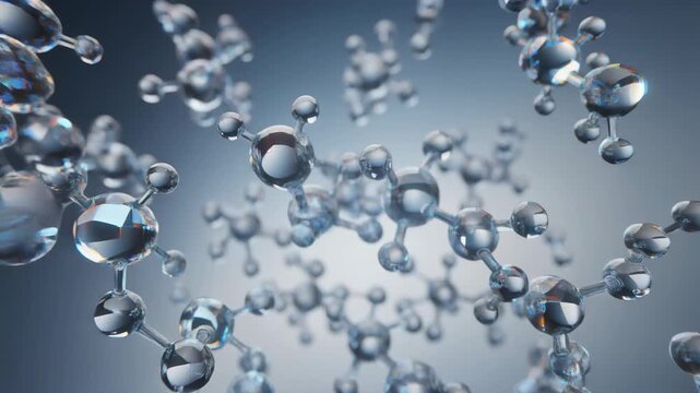 3D rendering of transparent molecular structure with interconnected atoms in a scientific background