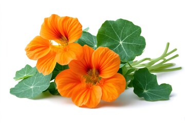 Naklejka premium Fresh nasturtium flowers and leaves ready for culinary use