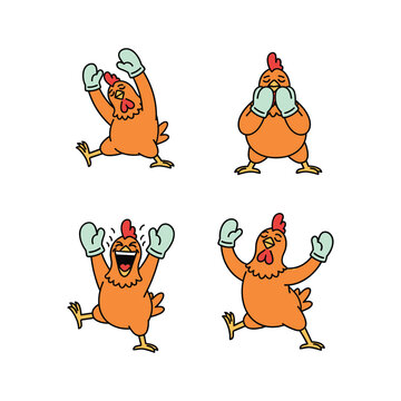 Cartoon chickens dancing and celebrating with joy and energy