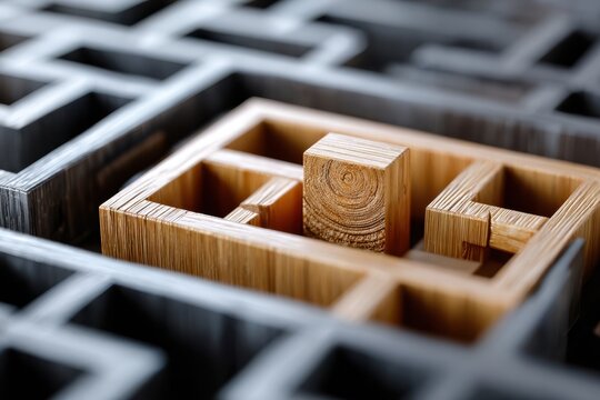 Intricate wooden maze design highlighting a single central block in detailed craftsmanship
