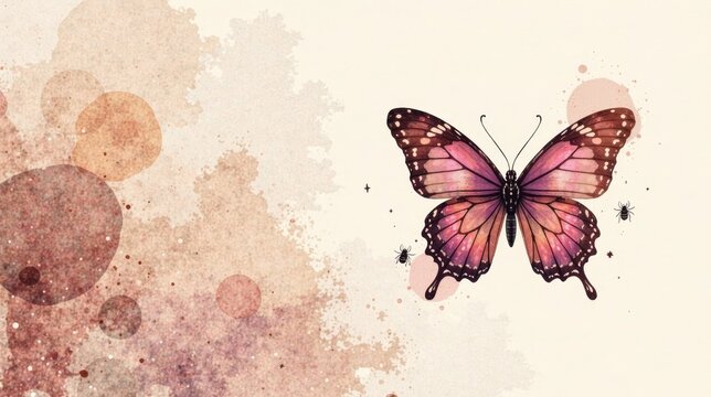 A delicate pink butterfly in flight against a soft watercolor background, accompanied by tiny insects, evokes feelings of serenity and the beauty of nature's ephemeral moments.