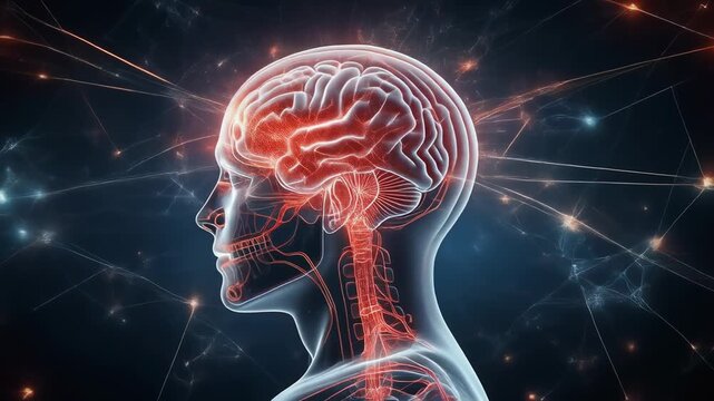 Human brain anatomy with neural network connections and glowing synapses in futuristic medical illustration