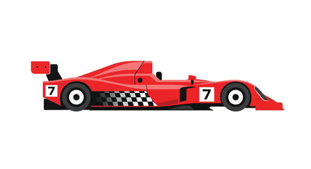 A red race car with a large rear wing viewed from the side in vector style
