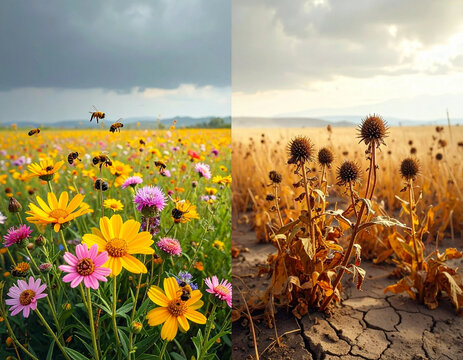 Lush wildflower meadow with bees versus dry dead land climate change concept