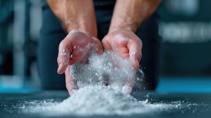 Fototapeta premium Hands Releasing Fine Powder in a Gym Environment, Symbolizing Strength Training and Athletic Preparation for Workout Sessions