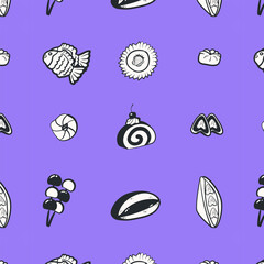 Hand drawn Japanese food seamless pattern in ink line style. Collection of mochi, taiyaki, dorayaki, and traditional desserts.. Perfect for menu design, restaurant branding and Asian food projects.