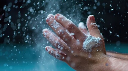 Fototapeta premium Hands in Motion Creating a Cloud of Flour Against a Dark Background in an Artistic and Dynamic Display of Movement