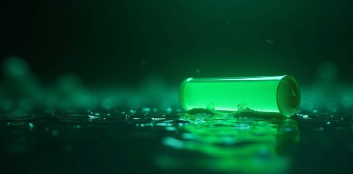 Emerald Green Cylinder Resting on Dark Liquid Surface with Subtle Water Ripples and Glimmering Reflections
