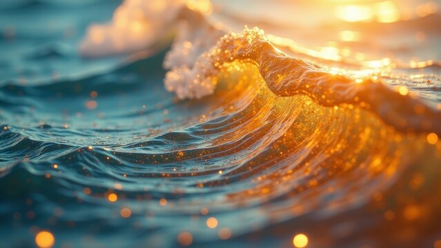 Golden Hour Ocean Wave A Close-Up View of Sunlight Illuminating a Breaking Wave's Surface