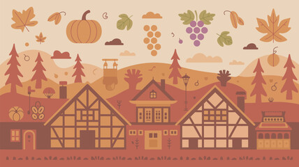 Obraz premium A vibrant illustration of a quaint autumnal village with houses and trees surrounded by falling leaves and harvest elements.