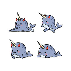 Cute cartoon narwhals with different emotions on white background © Samson