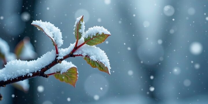 A delicate branch adorned with freshly fallen snow, showcasing vibrant green leaves emerging amidst a winter wonderland scene.