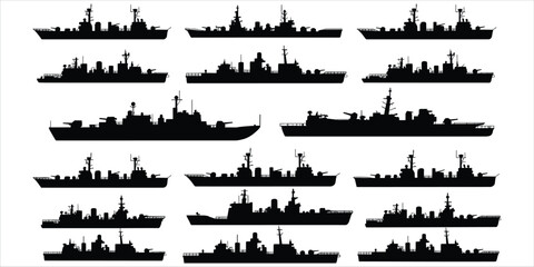 Collection of warship silhouettes on a white background for military themes battleship navy © rayhan039