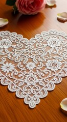Intricate white lace heart doily rests upon a polished wooden surface near a soft pink bloom.
