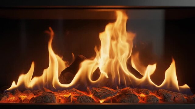 Modern indoor fireplace with bright flames and glowing embers in a sleek black frame for cozy home heating