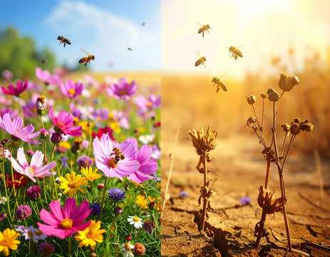 Pink cosmos flowers with bees versus dead plants drought concept