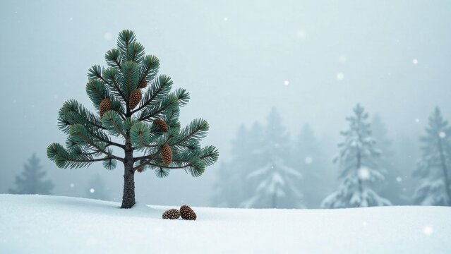 Serene Winter Scene A Small Pine Tree Adorned with Pinecones Stands in a Snowy Landscape, Backdropped by a Blurred Forest Under a Light Snowfall.