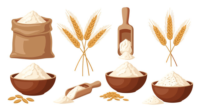 Collection of wheat flour illustrations, including a sack of flour, bowls of flour, wheat ears, grains, and wooden scoops.
