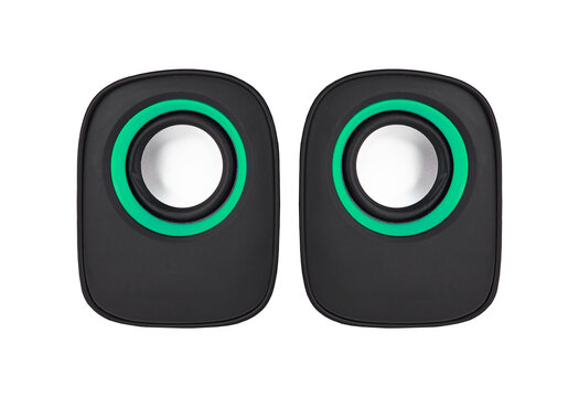A pair of modern computer stereo speakers with a sleek black design and minimalist aesthetic. isolated on transparent background
