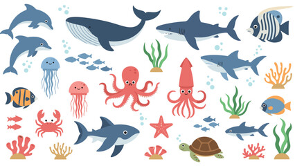 Large collection of cute cartoon sea animals and ocean elements, including a whale, shark, dolphin, octopus, turtle, and coral.