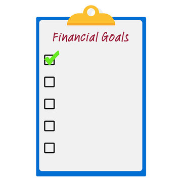Financial goals tick box list icon, clipboard, blue border, check boxes. Graphic resource for financial services, personal planning on monetary activities