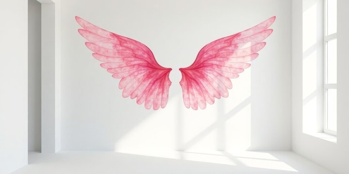 Pink Watercolor Wings Adorn a Bright Room's Wall, Sunlight Streaming Through a Window