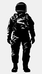 Fototapeta premium Silhouette of pilot in full flight suit and helmet with gear standing upright isolated on white background vector illustration in minimalist style