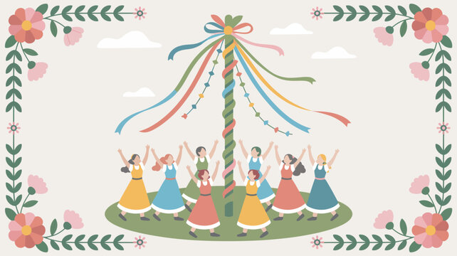 A group of women dancing around a maypole on a sunny day with flowers and ribbons
