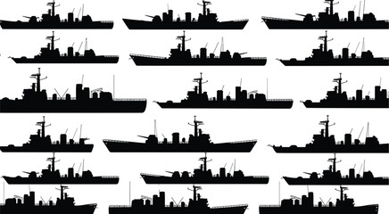 Multiple silhouettes of modern warships and naval vessels on a white background battleship navy © rayhan039