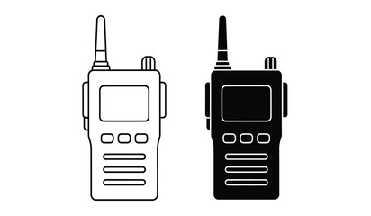 Two handheld radios in black and white on a for communication and walkie talkie purposes © rsvect02