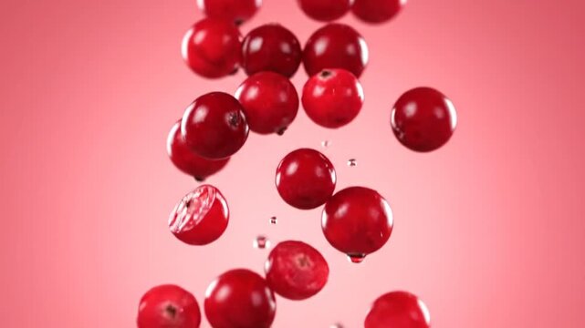 Vibrant red cranberries splashing and falling with water droplets against a soft pink background, showcasing their freshness and juicy texture, perfect for healthy eating concepts