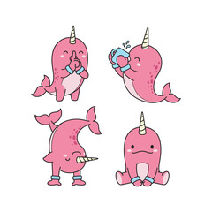 Cute cartoon narwhals with different facial expressions and accessories © DesignerSumon