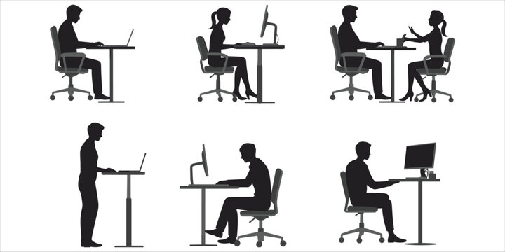 Silhouettes of people working at desks with computers in an office setting vector illustration
