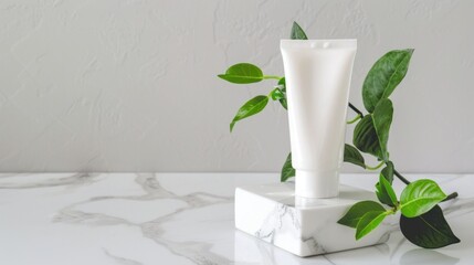 Minimalist Scene Featuring a White Tube of Cream Surrounded by Green Leaves on a Marble Base in Natural Light