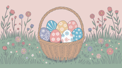 A colorful Easter basket filled with decorated eggs sits in a field of flowers on a sunny day