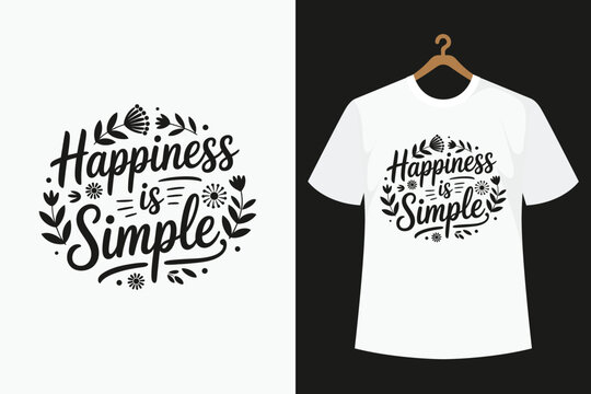 White T-shirt with Black Happiness is Simple Floral on Hanger black floral pattern text