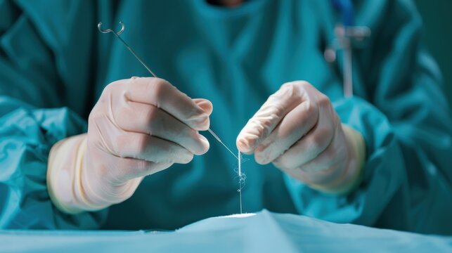 Surgeon with Gloved Hands Performing Precision Stitching on Surgical Wound in Operating Room