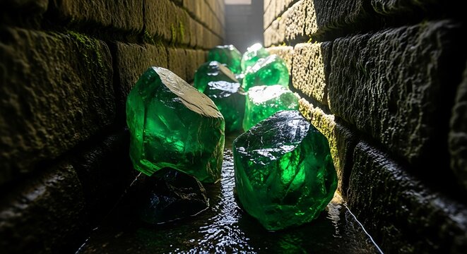 Large green crystalline stones line a narrow, damp passageway illuminated by harsh light.