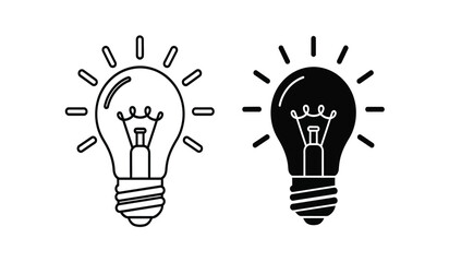 Black and white light bulb icons with rays on pure for business or creative concepts