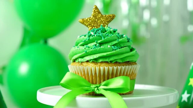 Festive green frosted cupcake with a shimmering gold star and sprinkles, adorned with a vibrant green ribbon bow, presented against a backdrop of balloons. Ideal for St. Patrick's Day, Christmas,