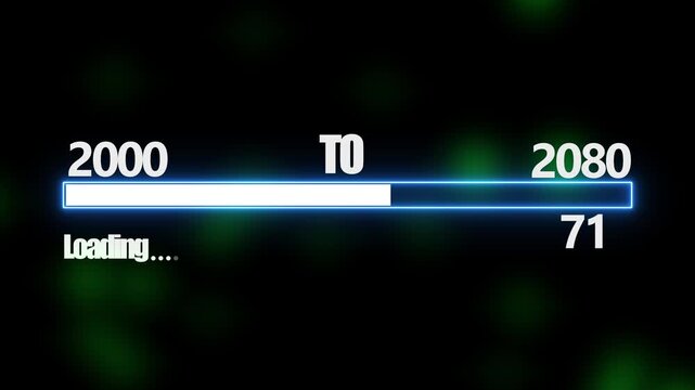New year 2080 loading bar animation, Loading bar from 2000 to 2080 new year transfer animation. Almost reaching New Year on black background. Welcoming the happy new year 2080. alpha channel 4k video