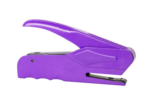 Purple office stapler positioned for efficient paper fastening isolated on transparent background