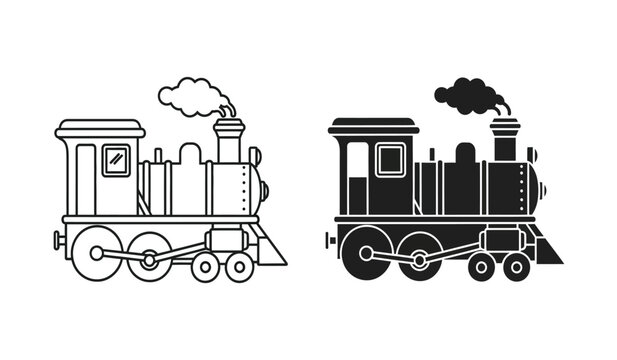 Black and white illustration of two vintage steam locomotives side by side with smoke coming out of the chimneys