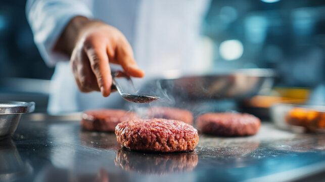 A chef is grilling several raw hamburger patties on a flat top grill in a commercial kitchen