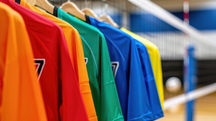 Fototapeta premium Colorful Sports Jerseys Hanging in a Row on Wooden Hangers in a Gymnasium Setting