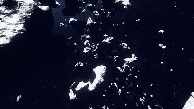 vast asteroid canyon strewn with ice and boulders while mapping drone traces ridgelines, textured surfaces, stark shadows and dramatic scale emphasize rugged