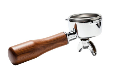 Espresso Portafilter with Wooden Handle and Chrome Finish on Transparent Background